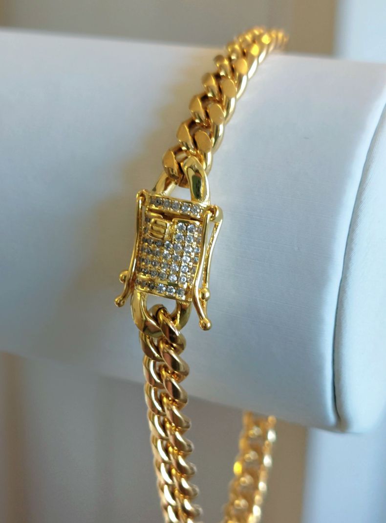 Pulsera ORO Laminado 18k Tejido Cubana Broche Cajón con Brillantes -3