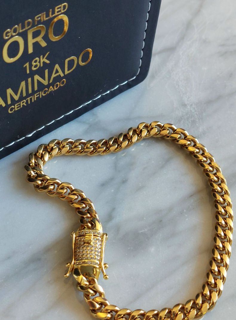 Pulsera ORO Laminado 18k Tejido Cubana Broche Cajón con Brillantes -4