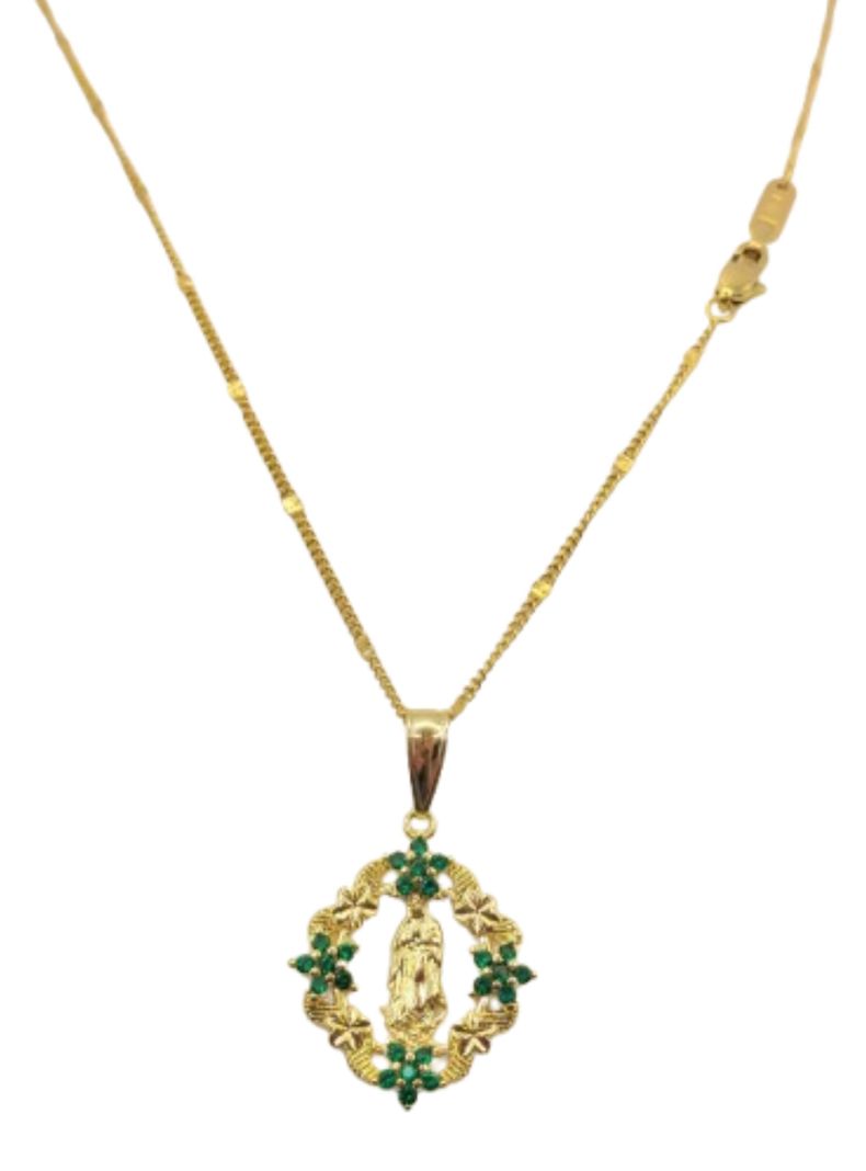  Cadena Oro Laminado 18K Virgen de Guadalupe con Esmeraldas -0