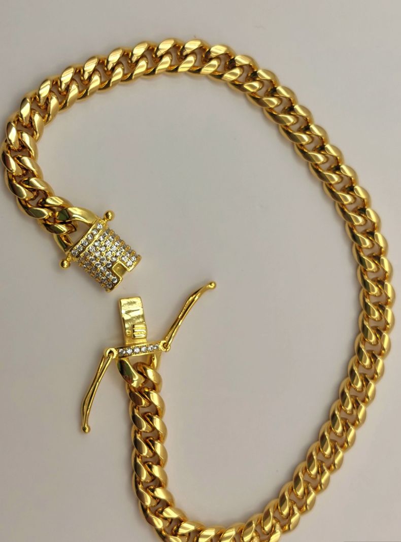 Pulsera Oro Laminado Tejido Cubana con Broche Cajón con Brillantes-4