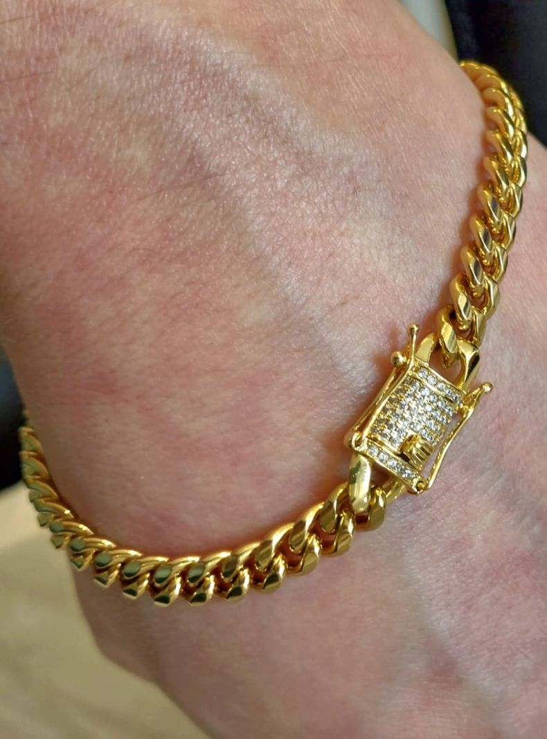 Pulsera Oro Laminado Tejido Cubana con Broche Cajón con Brillantes-6