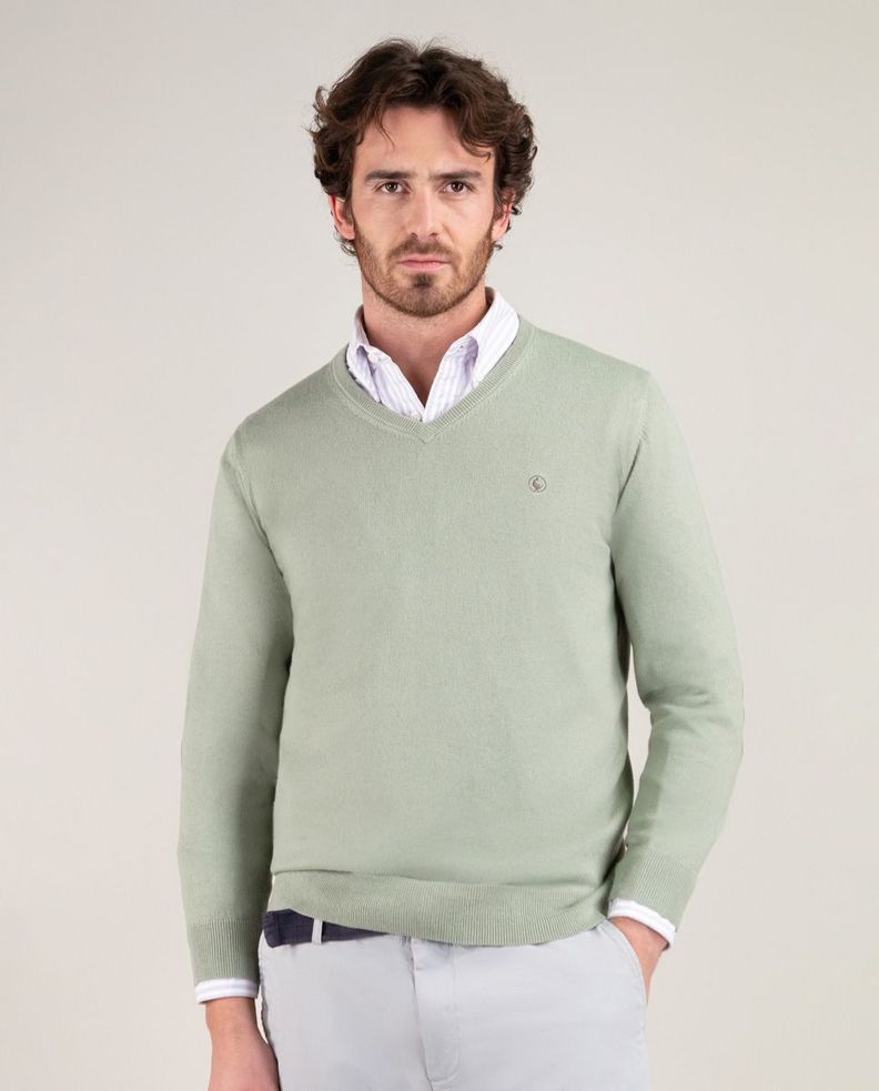 Jersey Cuello Pico Coderas Verde Claro HOMBRE PV 25