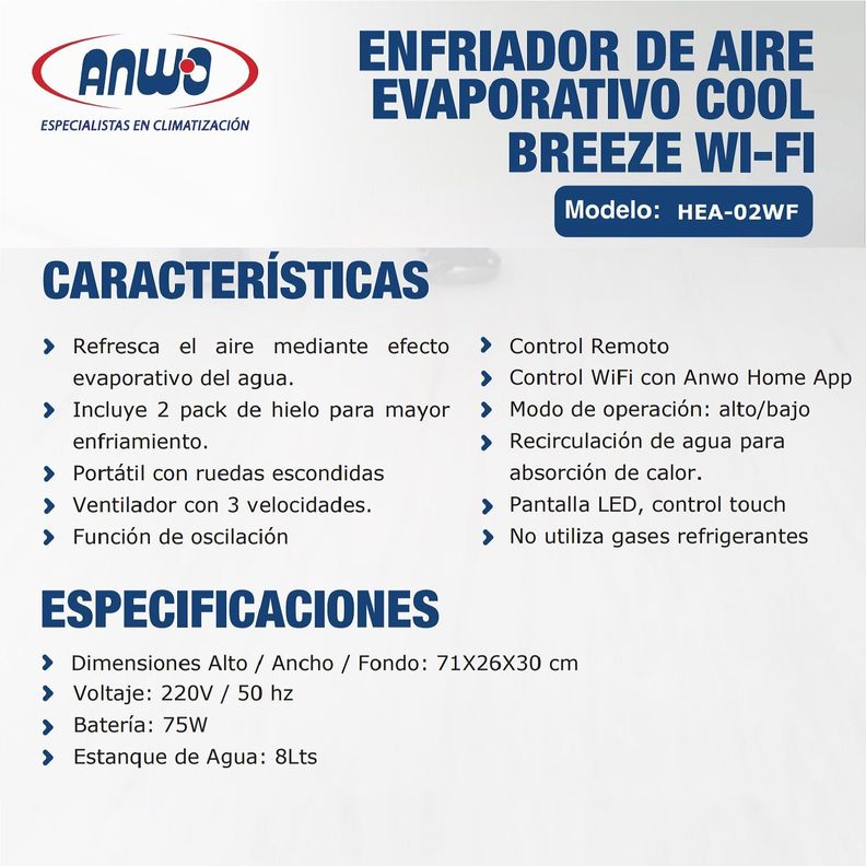 Enfriador de Aire Evaporativo Anwo Cool Breeze Wifi HEA-02WF-3
