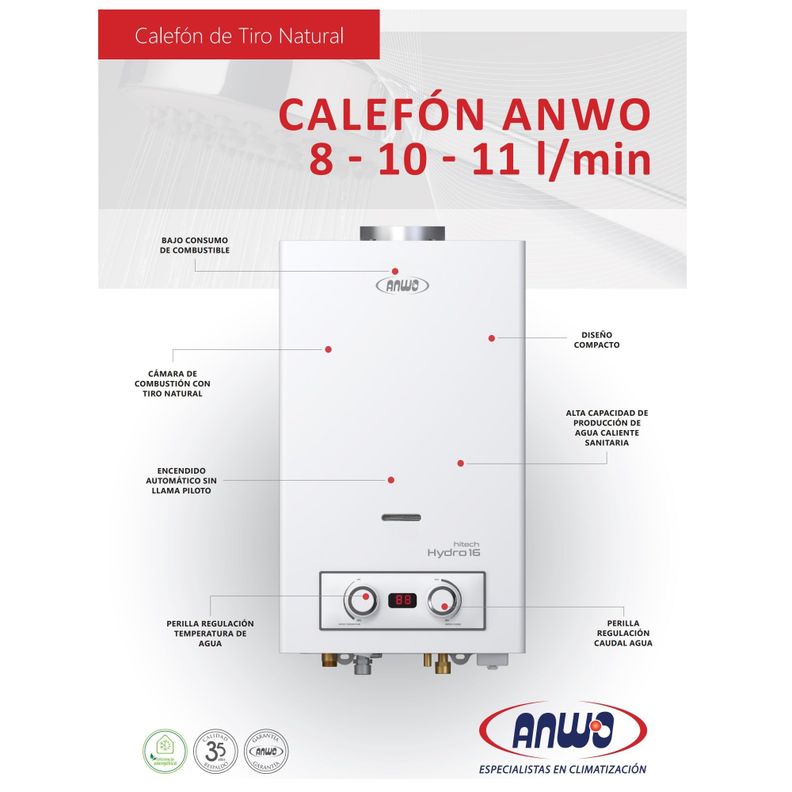Calefón Anwo 8 Litros Gas Natural Tiro Natural  Hitech Hydro 16-4