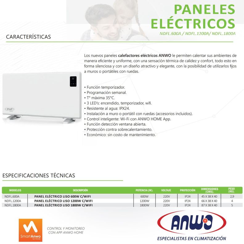 Estufa Eléctrica Anwo Panel Convectivo Liso NDFL.1200A 1200W C/Wifi-4