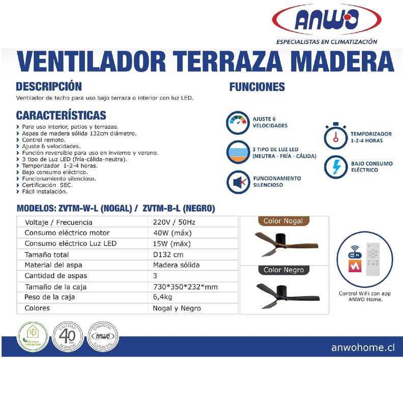 Ventilador de Terraza Anwo Vento Illuminato de Madera Color Nogal ZVTM-W-L-3
