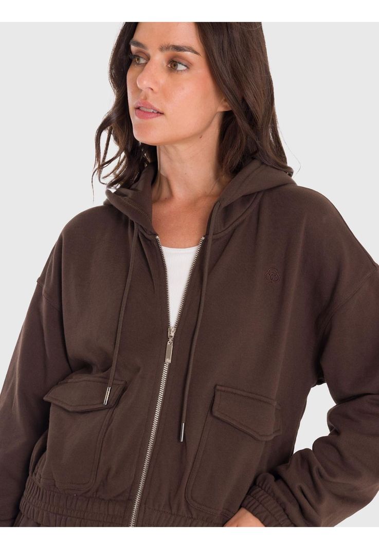 Polerón Mujer Hoodie Zip Cargo Café
