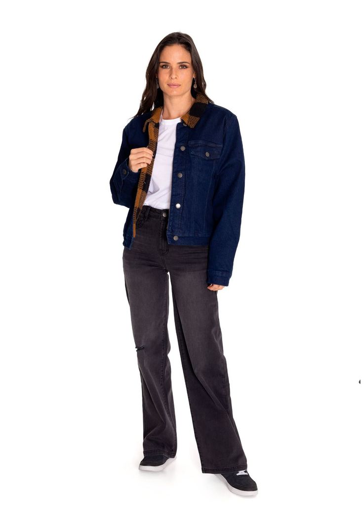 Chaqueta Denim Mujer Denim Plaid-Lined Jacket Azul-6