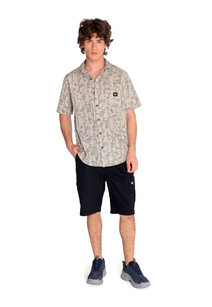 Camisa Manga Corta Hombre Relax Print Poplin Beige-5