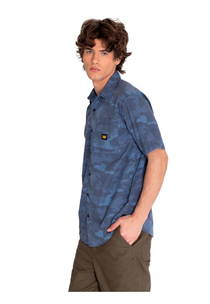 Camisa Manga Corta Hombre Relaxed Print Poplin Azul-1