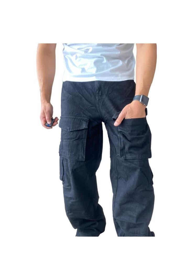 Jeans Diábolo Negro Cargo Ancho Wide Leg Hombre-8