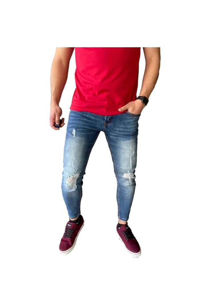 Jeans Súper Slim Fit Destroyed Azul Focalizado-0