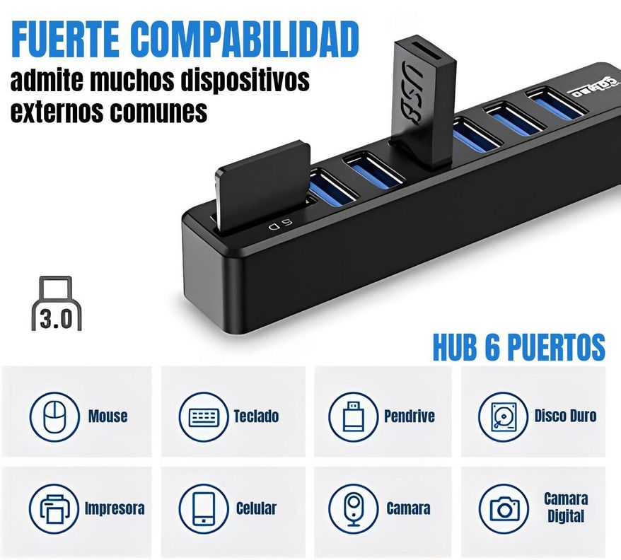 Hub 6 Puertos Multi Usb 3.0 Adaptador Con Lector Tarjeta Sd-4