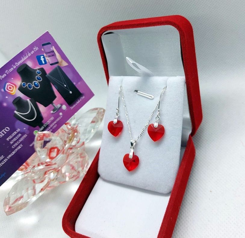 Conjunto Cristales Corazones Rojos - Plata Ley 925-1