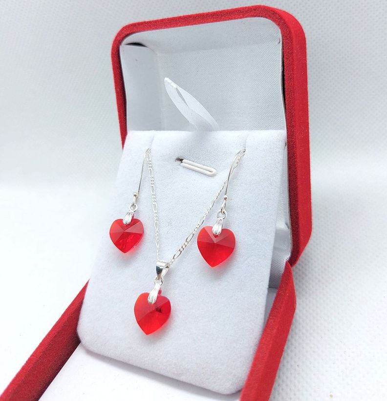 Conjunto Cristales Corazones Rojos - Plata Ley 925-0