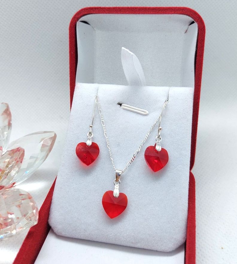Conjunto Cristales Corazones Rojos - Plata Ley 925-2