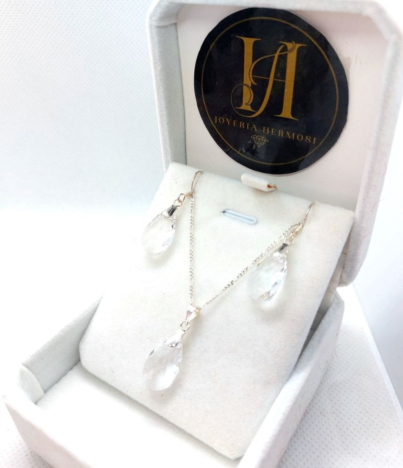 Conjunto Lujo Cristales  Plata Ley 925-0
