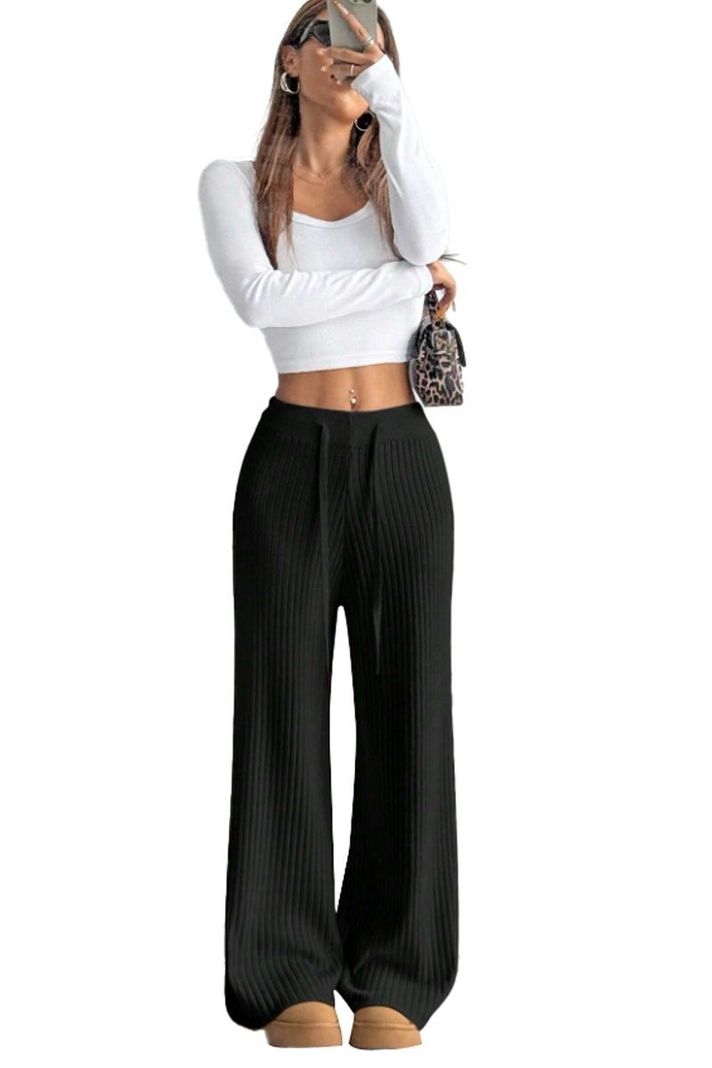 Pantalón Casual Lanilla Tejido Palazzo Elasticado Wideleg Tiro Alto-2