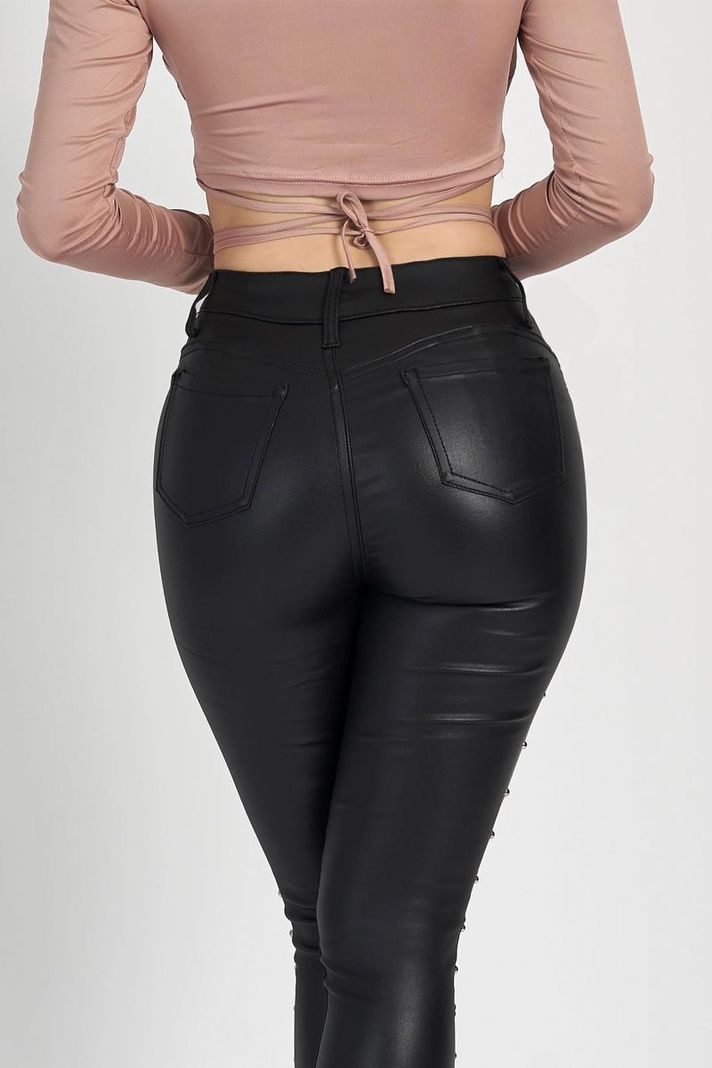 Jeans Eco Cuero Calce Perfecto Tiro Alto Elasticados 5 Botones Forrados-4