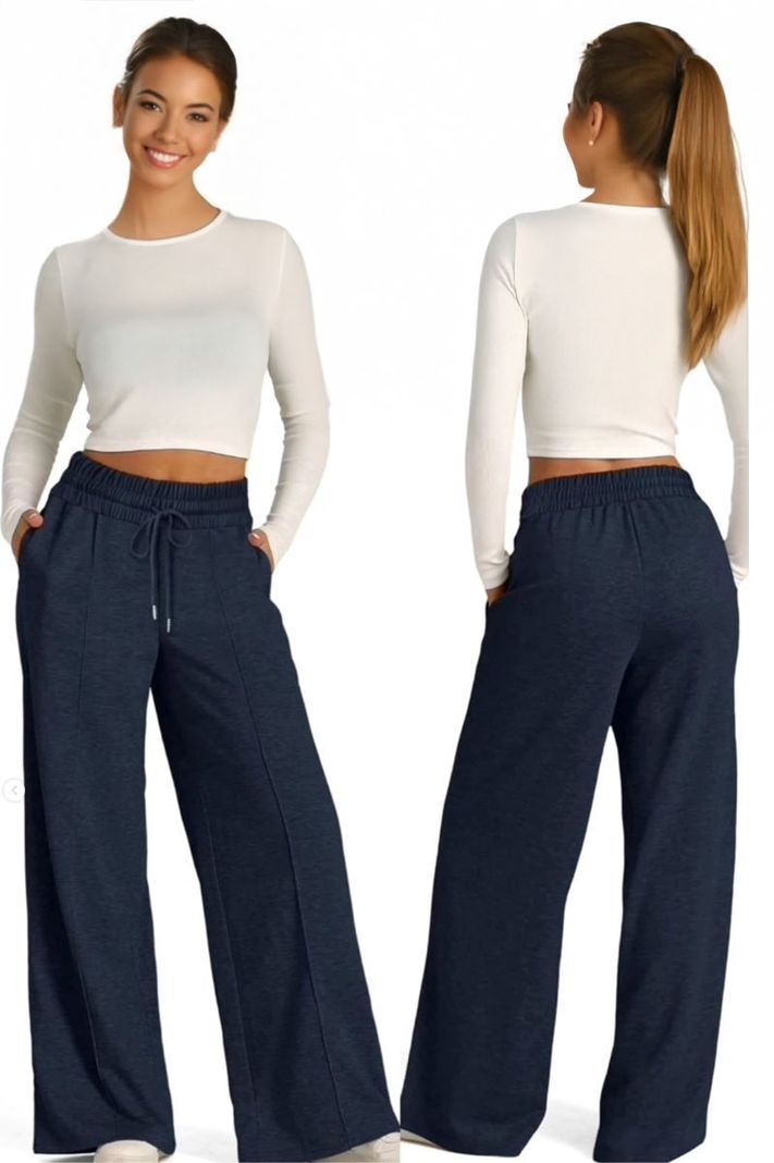 Pantalón Buzo Algodón Palazzo Con Polar Elasticados Wide Leg -7