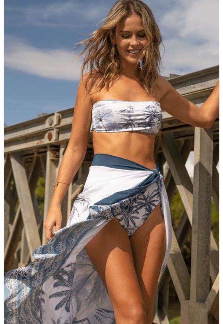 Conjunto Bikini Strapless Palmeras Azul-1