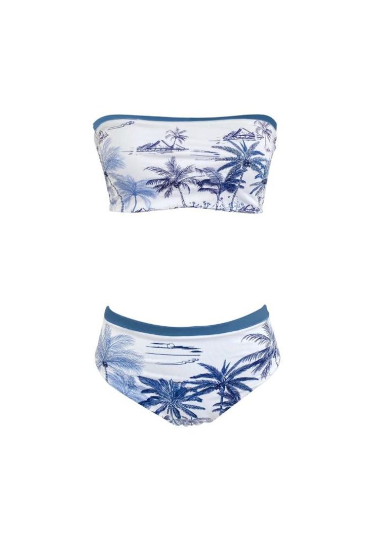 Conjunto Bikini Strapless Palmeras Azul