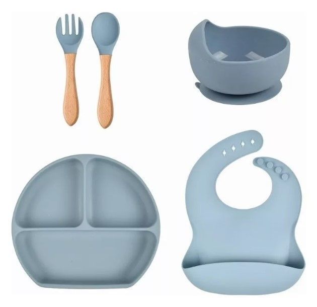 Set Comida Bebé Silicona Babero Tenedor Cuchara Va-0