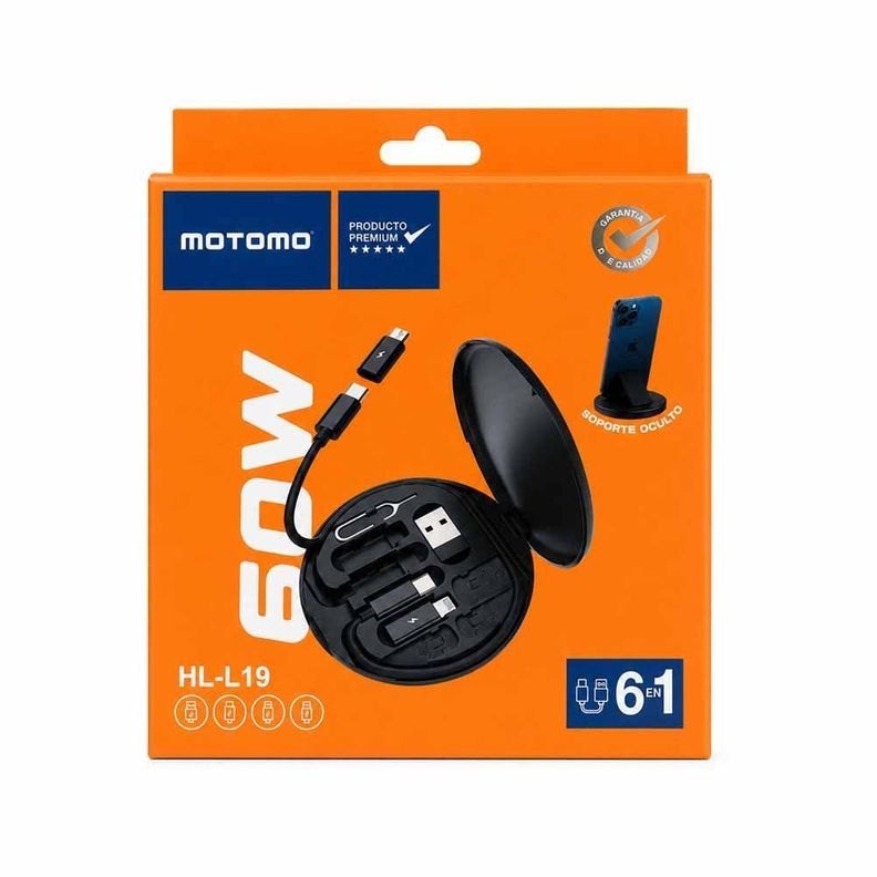 Cable Kit 6en1 3a/60w Usb-a/lightnin Usb-c Caja De Almacenamiento