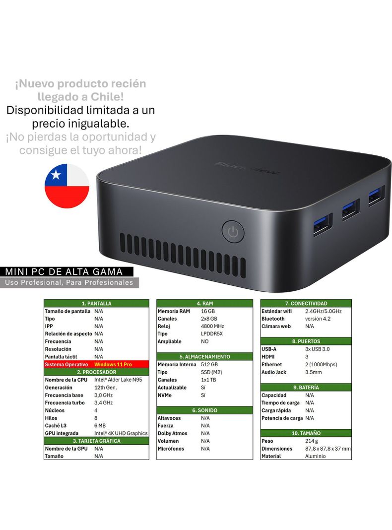 Blackview MP80 - Mini PC Intel® N95, 16GB RAM, 512GB SSD, 4-1