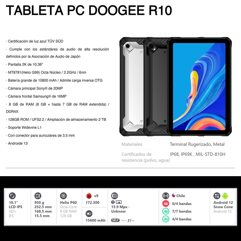 Tablet Rugged 4G Doogee R10 - Golpes, Polvo y Agua-1