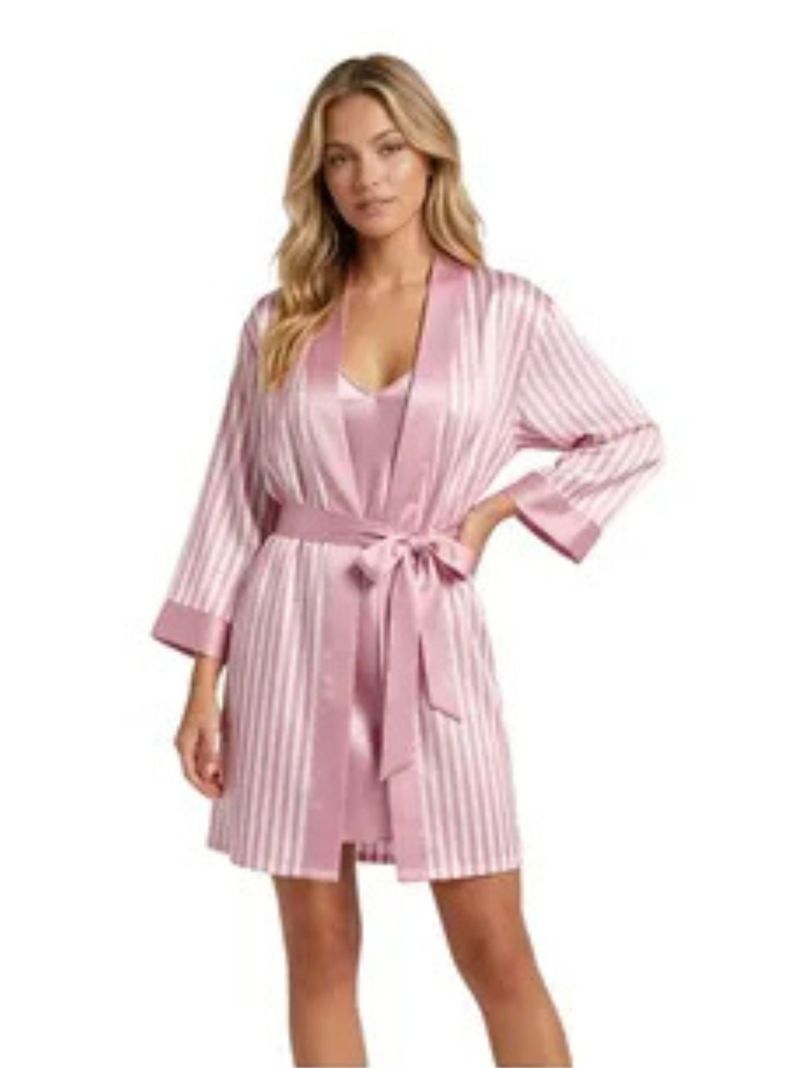 Conjunto Mujer Bata Y Camisa De Dormir Seda Saten Premium 188 Rosado S