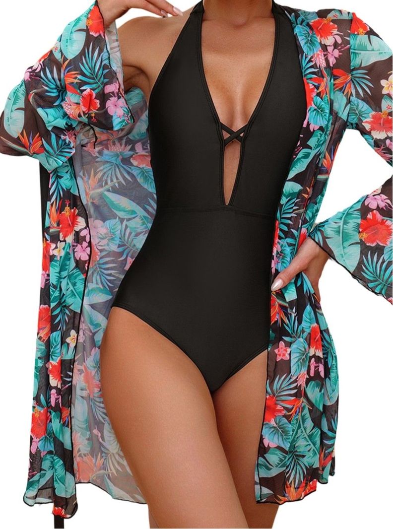 Traje De Baño + Pareo Kimono Floral Sexy Gloriahoon-0