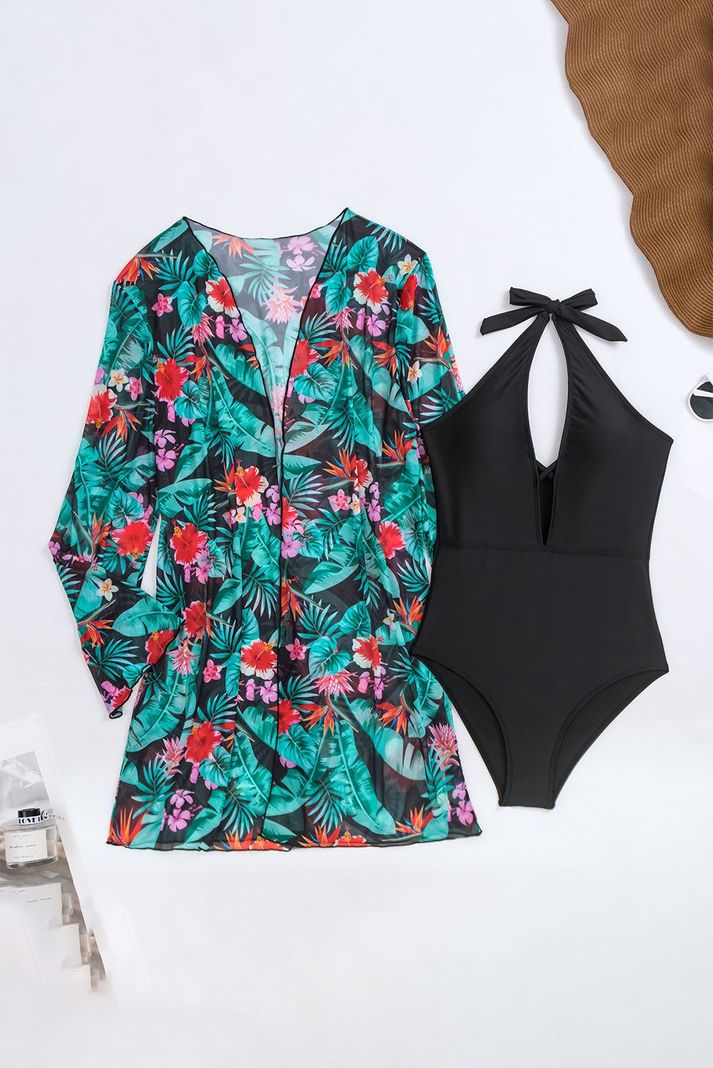 Traje De Baño + Pareo Kimono Floral Sexy Gloriahoon-4