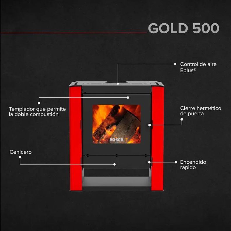 Pack Estufa a Leña Gold 500 BV Rojo + kit de Instalación-6
