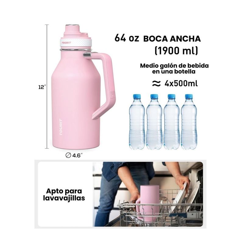 Tourit Botella de Agua Térmica Deportiva Anti Derrames con Asa 64oz - Rosado-3