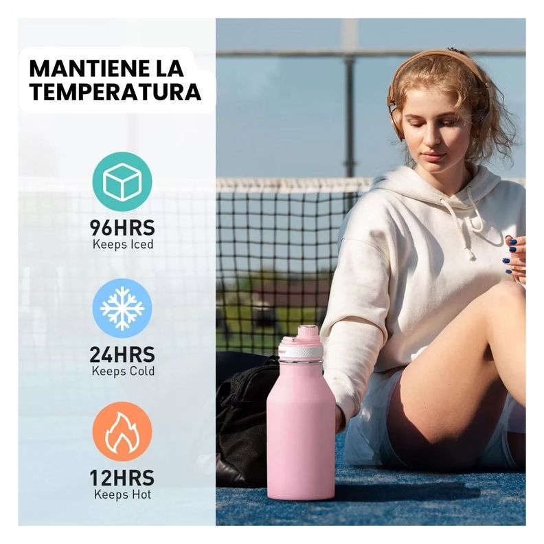 Tourit Botella de Agua Térmica Deportiva Anti Derrames con Asa 64oz - Rosado-4