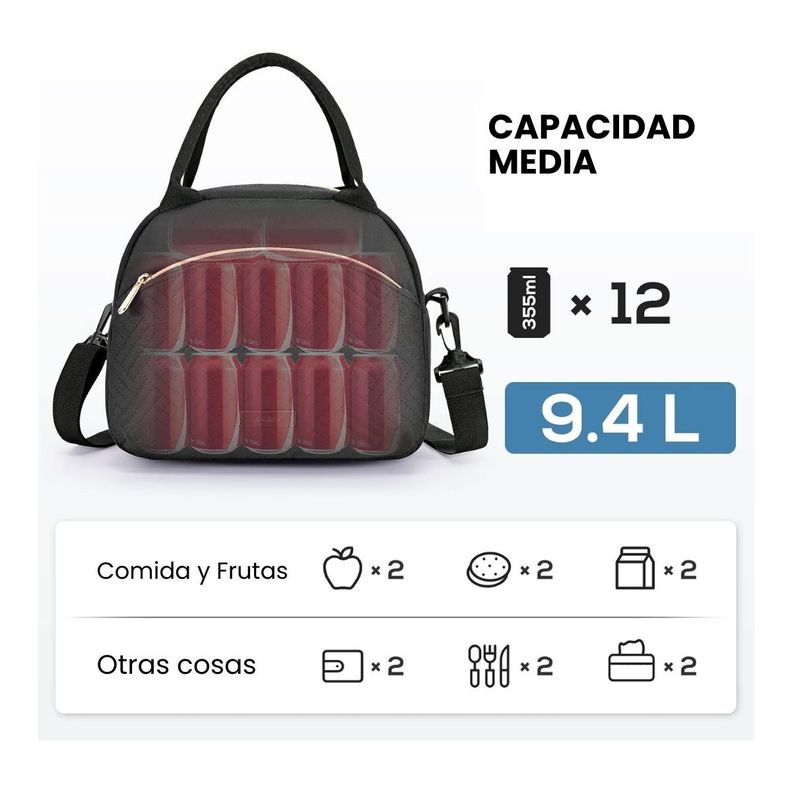Tourit Lonchera Térmica Femenina 9.4L - Negro Tejido-4