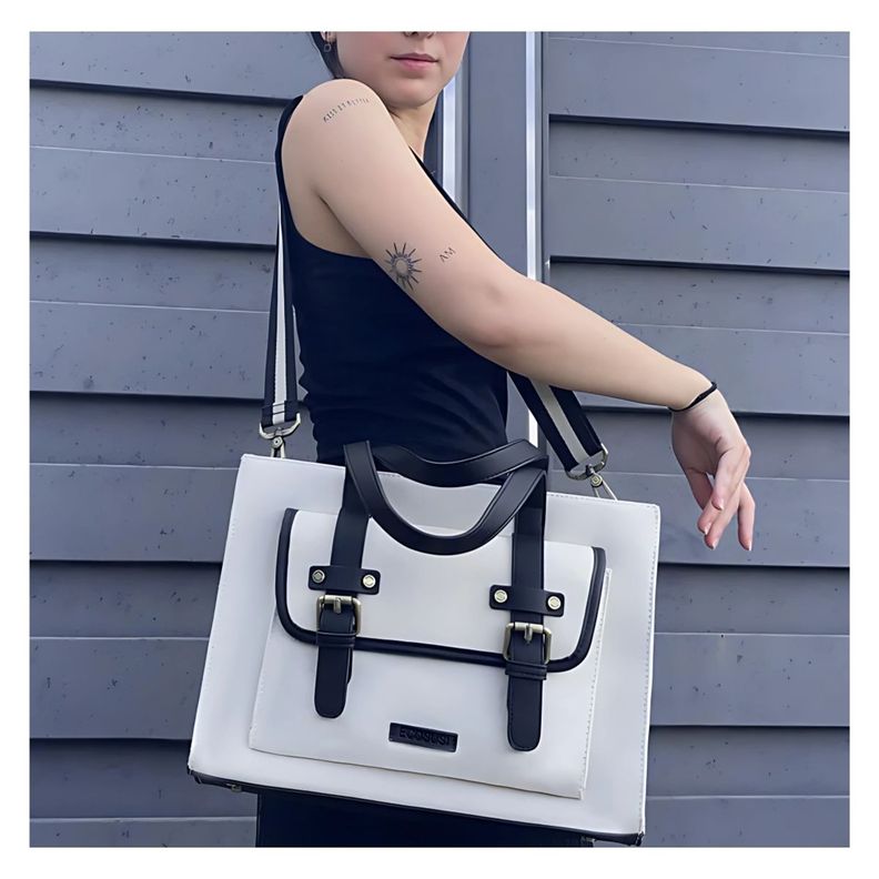 Ecosusi Bolso Tote Lienzo de Olivia para notebook 13" - Blanco y Negro-2