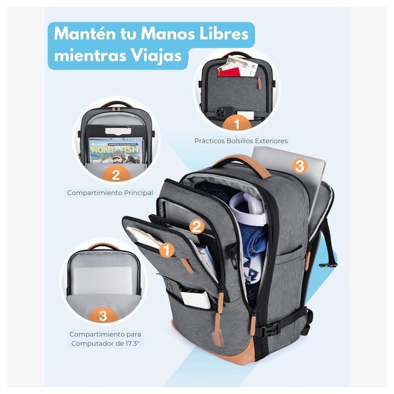 Bagsmart Mochila de Viaje Falco 30L-40L + 3 Bolsas Organizadoras - Gris-4