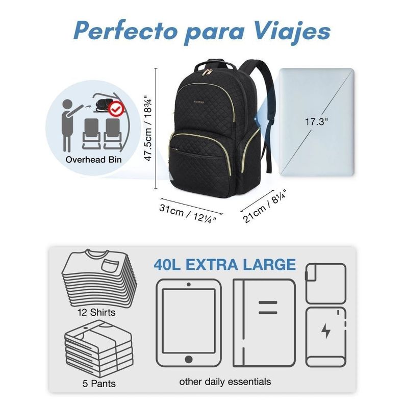 Bagsmart - Mochila de Viaje Acolchada para Laptop de 17.3" - Negro-5