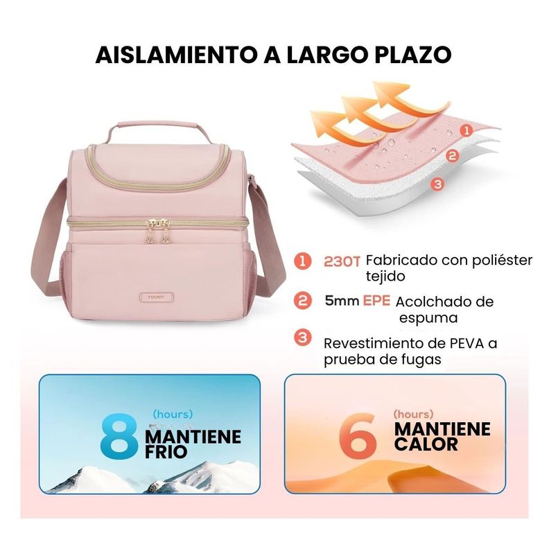 Tourit Lonchera Térmica de Doble Compartimiento 9L- Rosado-4