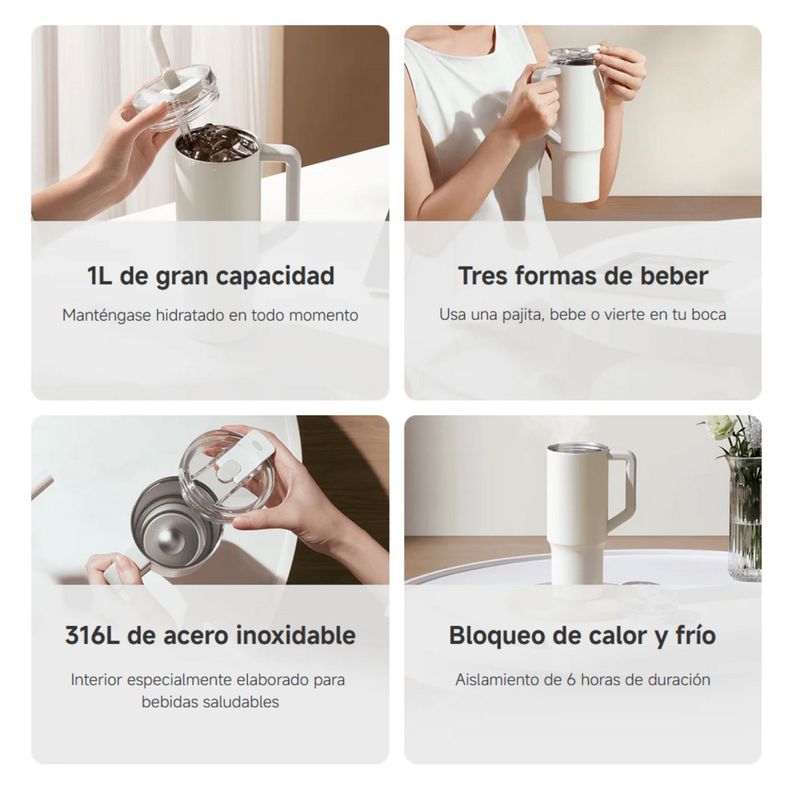 Xiaomi Botella de Agua con Bombilla Acero Inoxidable 1L - Blanco-3