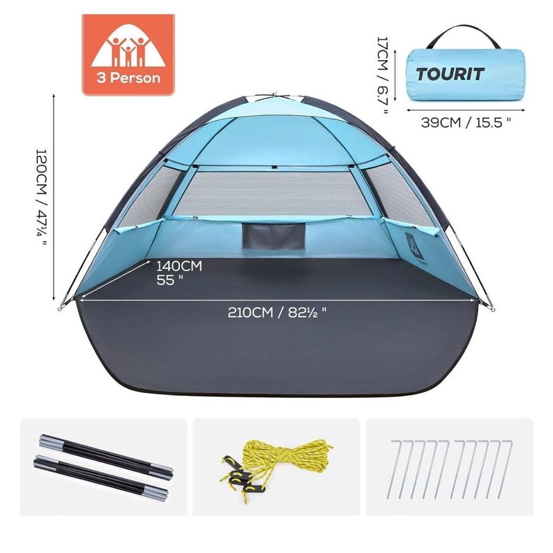 Tourit Carpa de Playa Desplegable 2-3 Personas - Azul-6