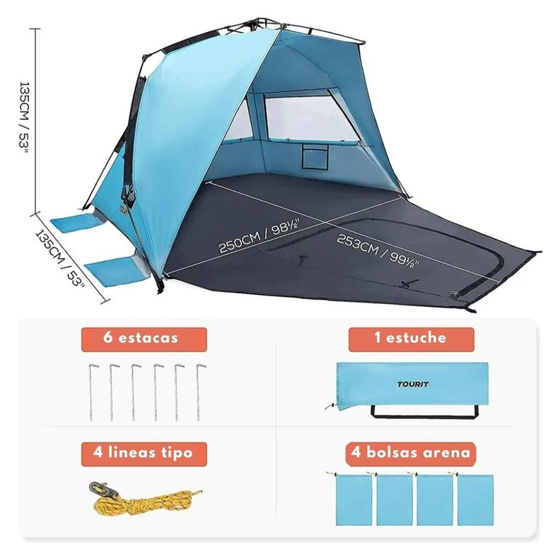 Tourit Carpa de Playa Desplegable 2-3 Personas - Azul-7