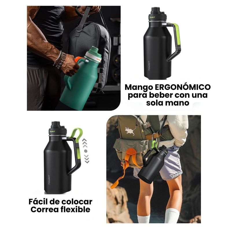 Tourit Botella de Agua Térmica Deportiva Anti Derrames con Asa 64oz- Negro-2