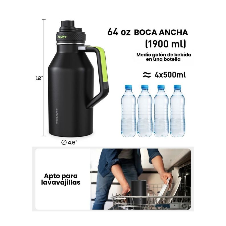 Tourit Botella de Agua Térmica Deportiva Anti Derrames con Asa 64oz- Negro-4