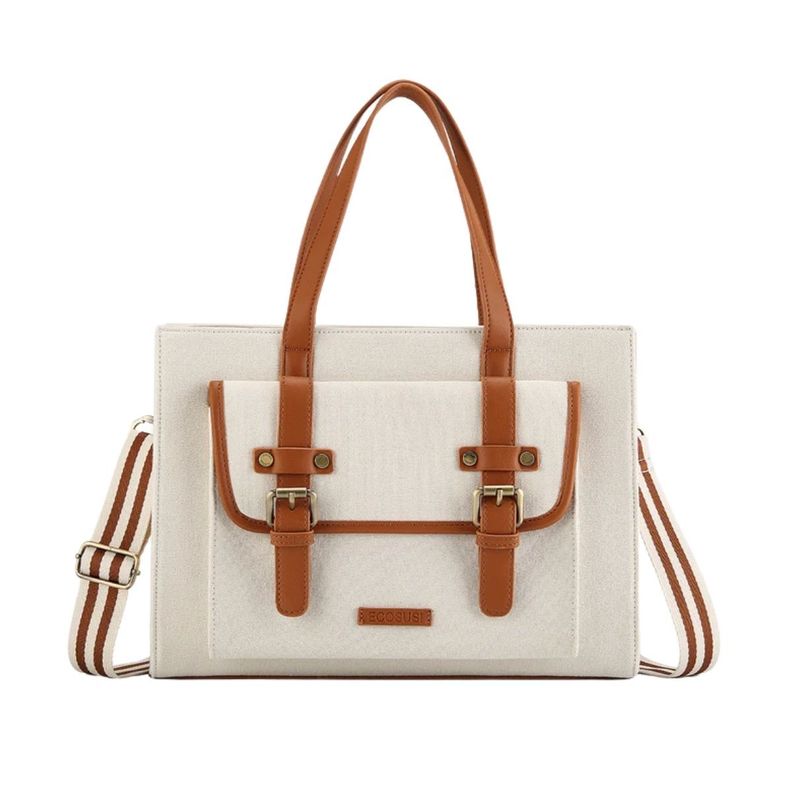 Ecosusi Bolso Tote Lienzo de Olivia para notebook 13" -Blanco y Marrón-0