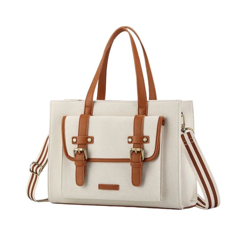 Ecosusi Bolso Tote Lienzo de Olivia para notebook 13" -Blanco y Marrón-1