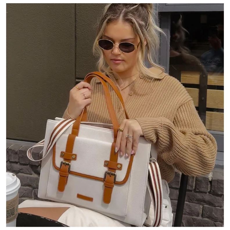 Ecosusi Bolso Tote Lienzo de Olivia para notebook 13" -Blanco y Marrón-2