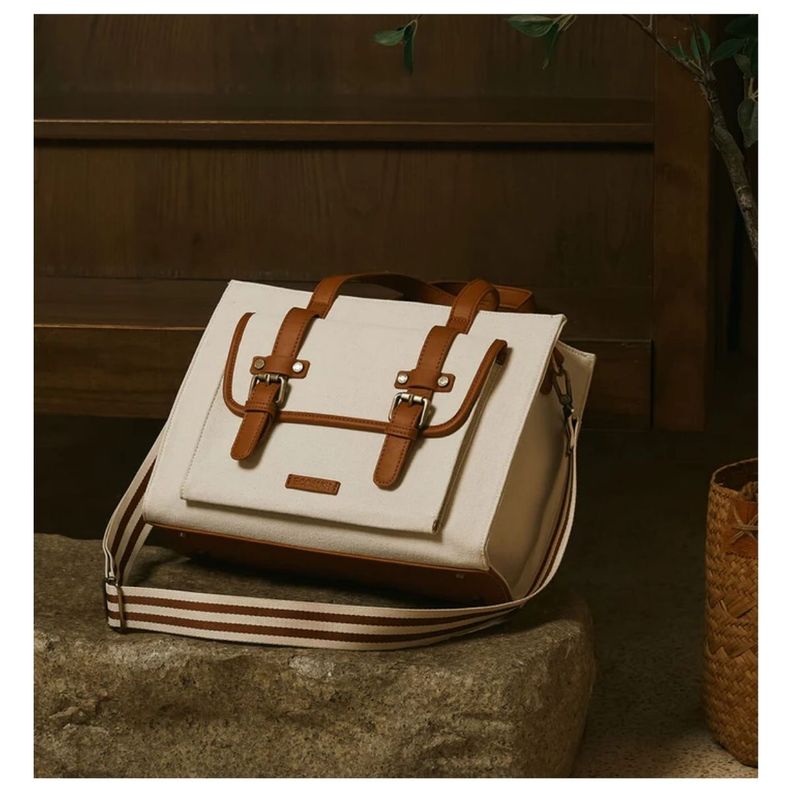 Ecosusi Bolso Tote Lienzo de Olivia para notebook 13" -Blanco y Marrón-7